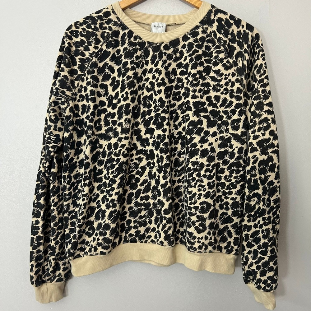 Maeve Sweatshirt Womens M Black Leopard Print Raglan Sleeve Crew Neck Pullover